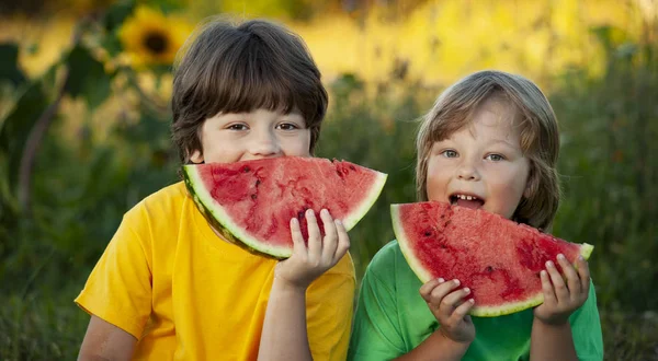 Glückliches Kind Das Wassermelone Garten Isst Zwei Jungen Mit Obst — Stockfoto