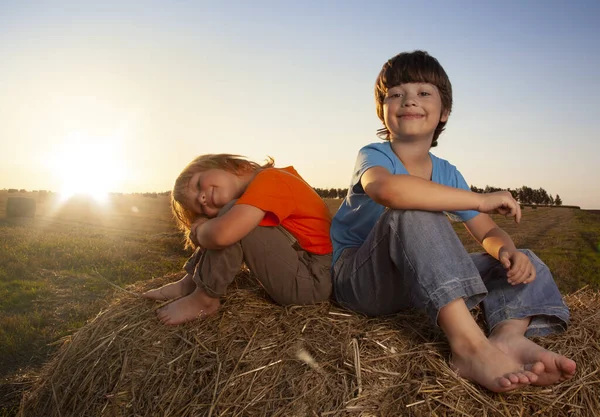 夏の野原の干し草の山の中の2人の少年 — ストック写真