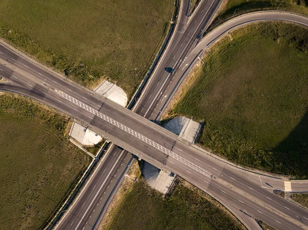 Aerial Top View Highway Intersection Junction Summer Morning — Stock Photo, Image