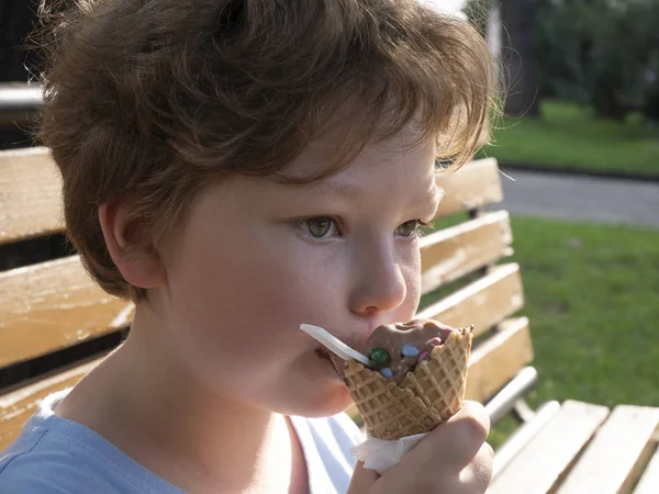 Gelukkig Jongetje Eten Een Ijsje Buiten — Stockfoto