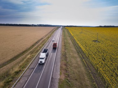 Yük Yarı Kargo Karavanı Yön Değiştiren Beyaz Kamyonun Havadan Üst Görünümü.