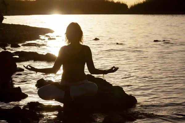 Yoga Silueti Nilüfer Çiçeği Meditasyon Yapar Mountan Gölü Nde Dinlenir — Stok fotoğraf