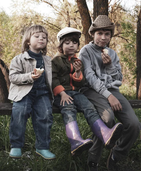 Happy Boys Eat Buns Outdoors Summer Piknik — Stock Photo, Image