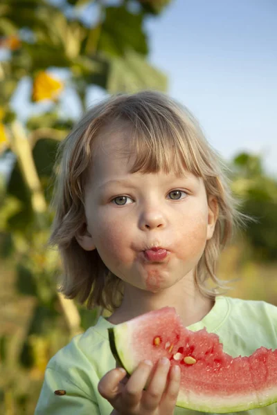 Glückliches Kind Beim Wassermelonenessen Garten Junge Mit Obst Park — Stockfoto