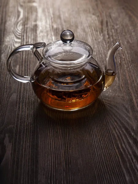 Glass Teapot Tea Wooden Table — Stock Photo, Image