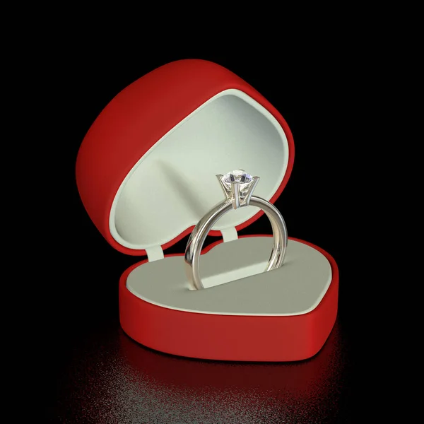 Diamond golden ring in the red heart giftbox. 3D image. — Stock Photo, Image