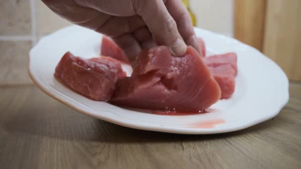 Juicy Tuna Fish Steaks Ready Cook Lies White Plate Kitchen — Stock Video