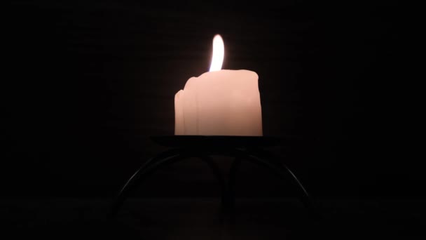 Candle Burns Goes Out Black Background Close Flames Sway Wind — Stock Video