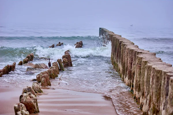 Nábřeží Zelenogradsk. Baltské moře. Surf. Dřevěné klády z brea — Stock fotografie