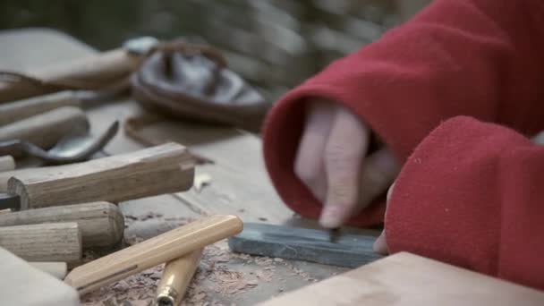 Der Kerl Schärft Den Meißel Das Holz Manuell Auf Einem — Stockvideo