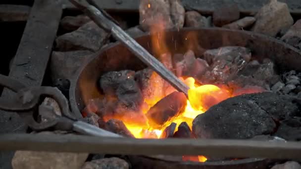 Kowal Pracuje Kuźni Gorący Metal Iskry Węgiel Ogień Płonie Metalowe — Wideo stockowe