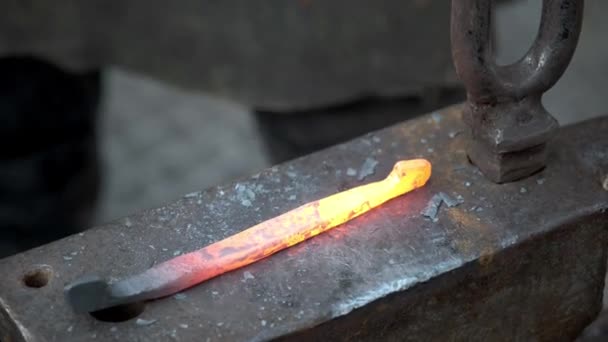 Blacksmith Works Forge Hot Metal Sparks Coals Fire Burning Metal — Stock Video