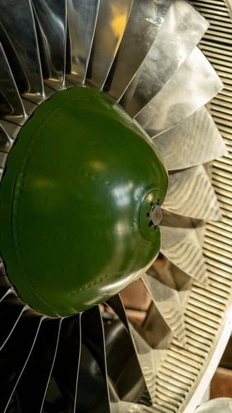 Jet engine of an airplane. Turbine blades.