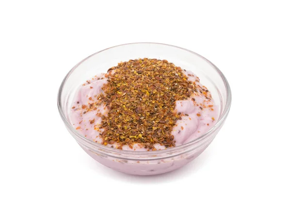 Blueberry yogurt in a glass bowl with whole Flax and ground Chia seeds on top — Stock Photo, Image