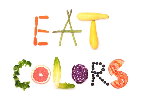 Comer colores - texto explicado en coloridos alimentos vegetales; concepto de alimentación saludable, en blanco —  Fotos de Stock