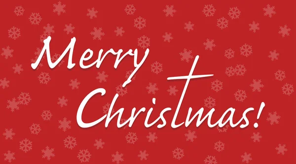 God jul text med bokstaven t utvidgas till ett kors, vit på röd bakgrund med snöflingor — Stockfoto