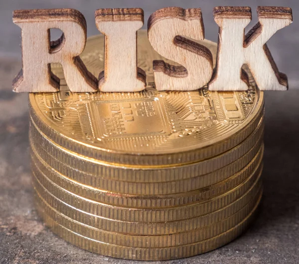Risk Text Golden Coins Wooden Background — Stock Photo, Image
