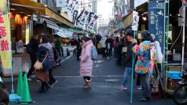 在东京筑地外市场 游客和人们在清晨的场景中互相交融和走动 — 图库视频影像