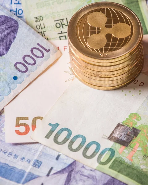 Rippel Mynt Krypto Valuta Sydkoreanska Vann Sedlar — Stockfoto