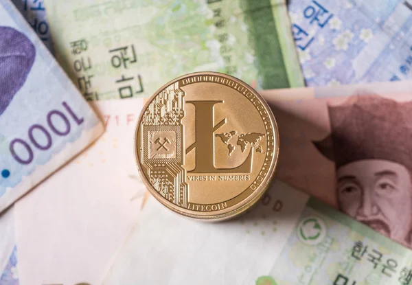 Litecoin Crypto Monnaie Sur Les Billets Banque Sud Coréens — Photo