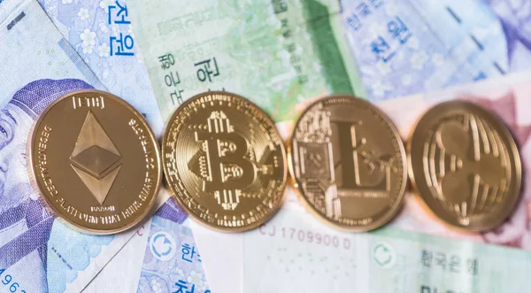 Popularne Waluty Krypto Ethereum Litecoin Marszczyć Monet Bitcoin Południe Koreańczyk — Zdjęcie stockowe