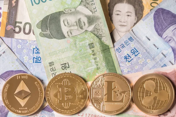 Monnaies Cryptographiques Populaires Ethereum Litecoin Ripple Coin Bitcoin Sur Les — Photo