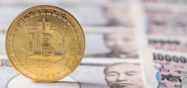 Kryptowaluta Bitcoin Japoński Jen Banknoty — Zdjęcie stockowe