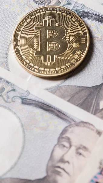 Kryptowaluta Bitcoin Japoński Jen Banknoty — Zdjęcie stockowe
