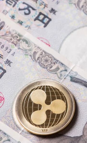 Kryptowaluta Monet Rippple Japoński Jen Banknoty — Zdjęcie stockowe