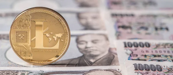 Litecoin Crypto Monnaie Sur Les Billets Banque Yens Japonais — Photo