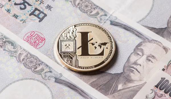 Litecoin Kryptovaluta Japanska Yen Sedlar — Stockfoto