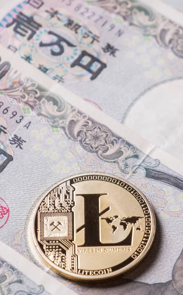 Litecoin Cryptocurrency Japanse Yen Bankbiljetten — Stockfoto
