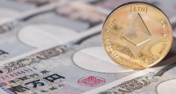 Kryptowaluta Monet Ethereum Japoński Jen Banknoty — Zdjęcie stockowe