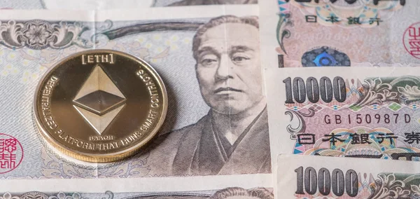 Kryptowaluta Monet Ethereum Japoński Jen Banknoty — Zdjęcie stockowe