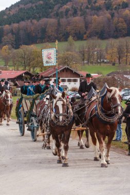 Hundham, Bavyera - 4 Kasım 2017: Her yıl Kasım ayında 1 Cumartesi günü pastoral alayı, Bavyera Hundham Leonhardi adlı alır at yer Patron St. Leonhard anısına. Geleneksel giyim ve dekore edilmiş atlı carr