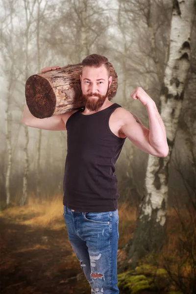 Bearded Man Wearing Log His Shoulder — Stock Photo, Image