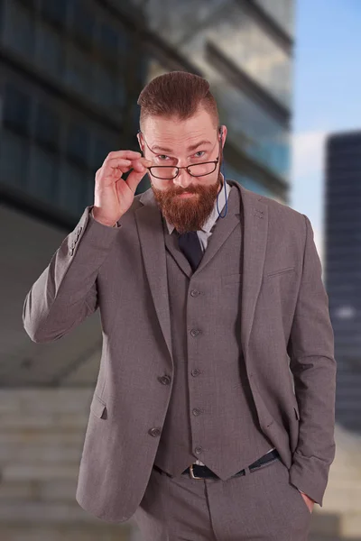 Portrait Business Man Full Beard Suit Glasses — Stock Photo, Image