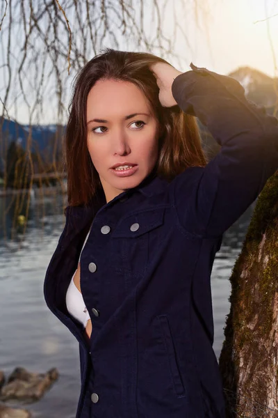 Portrait Young Woman Slightly Opened Blouse Jeans Jacket Lake — Stock Photo, Image