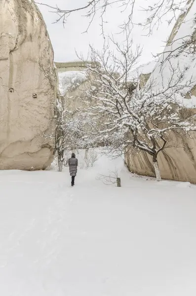 Donna che cammina sulla neve in inverno — Foto Stock