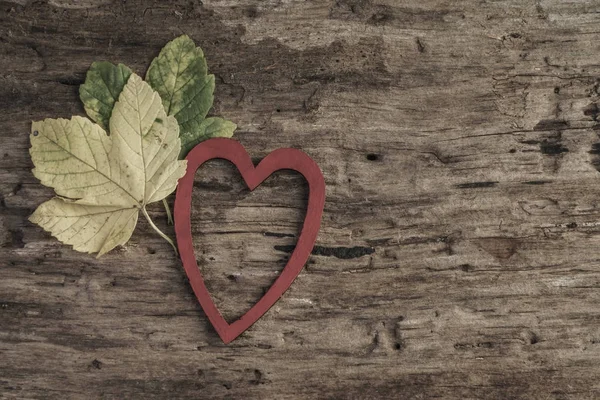 Foglie autunnali secche e cuore rosso su sfondo di legno — Foto Stock