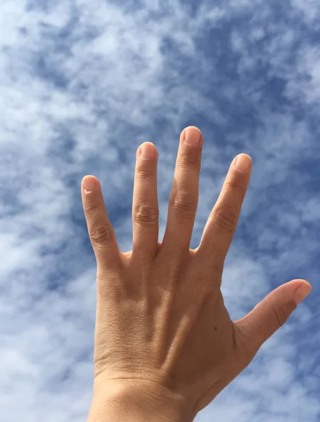 Uma Mão Feminina Contra Céu Azul — Fotografia de Stock