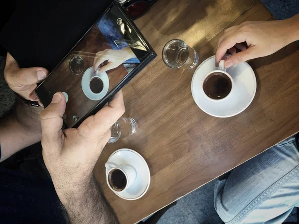 Taking Photo Turkish Coffee Cups Table Smartphone — Stock Photo, Image