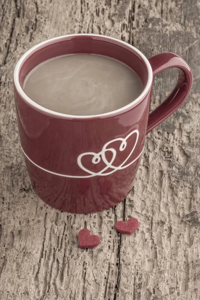Coffee Red Mug Decorated Hearts Wooden Table Love — Stock Photo, Image