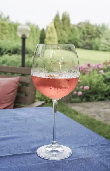 Verre Vin Sur Table Jardin Été — Photo