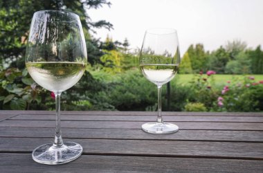 Yaz aylarında Bahçe ahşap masa üzerinde şarap gözlük