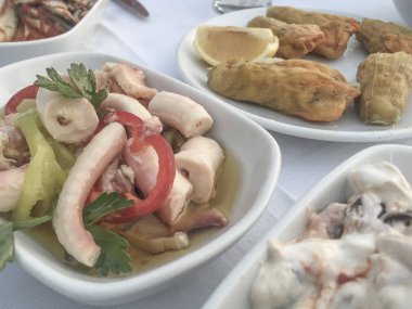 Ahtapot salatası ve lezzetli meze masada