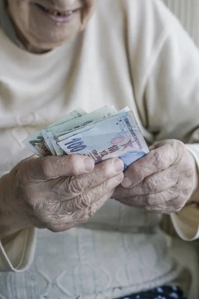 Wrinkled hands of a senior woman counting turkish lira banknotes