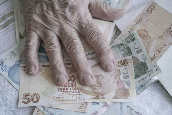 Wrinkled Hand Senior Person Turkish Lira Banknotes — Stock Photo, Image