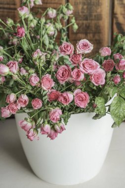 Beyaz bir tencerede pembe güller