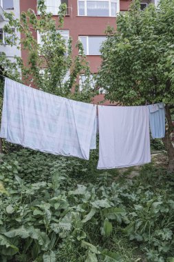 bir binanın bahçesinde asılan ıslak giysileri